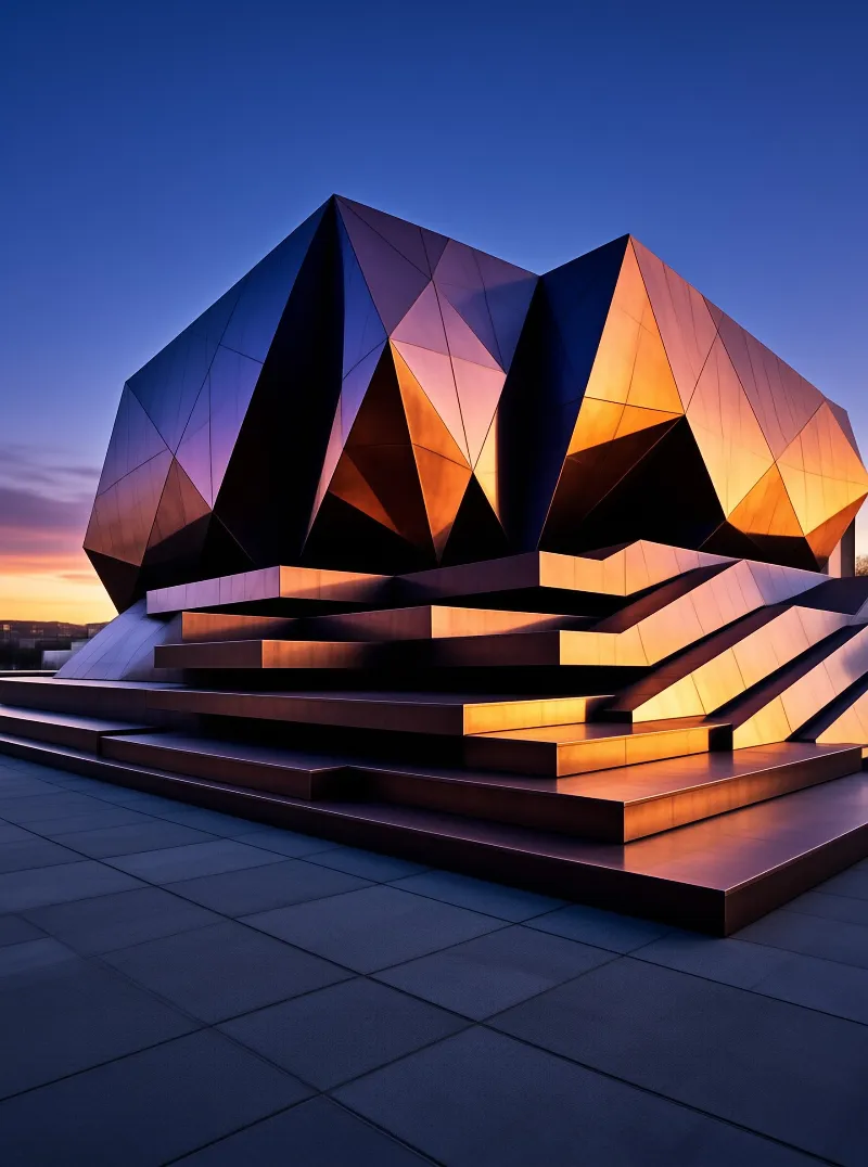 Geometric Building at Dusk
