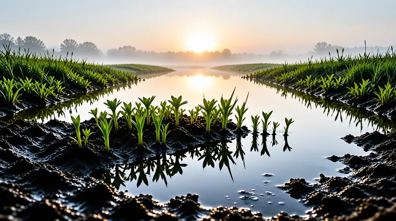 Green rice shoots stand in dark muddy rows beside a water channel reflecting the bright sun on the foggy horizon.