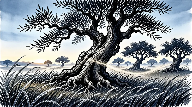A twisted olive tree dominates the foreground while a path winds through a misty grove under a pale blue sky.
