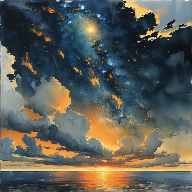 Painted starry galactic sky over a calm sea at dusk, with orange sunset light glowing through clouds and reflecting on water.
