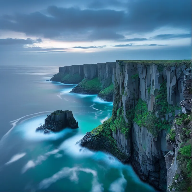 Steep coastal cliffs rise above turquoise seas with silky wave patterns under overcast skies