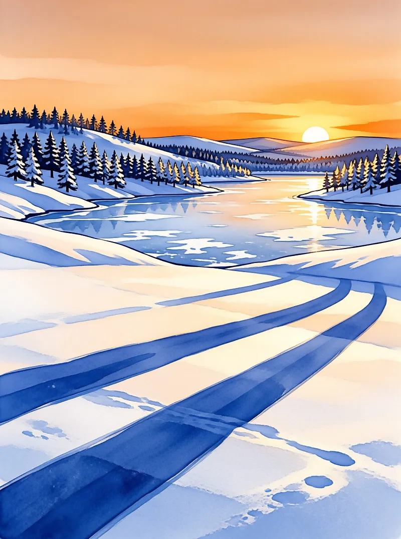 Illustration of a frozen waterway cutting through snowy terrain with evergreen trees and warm light