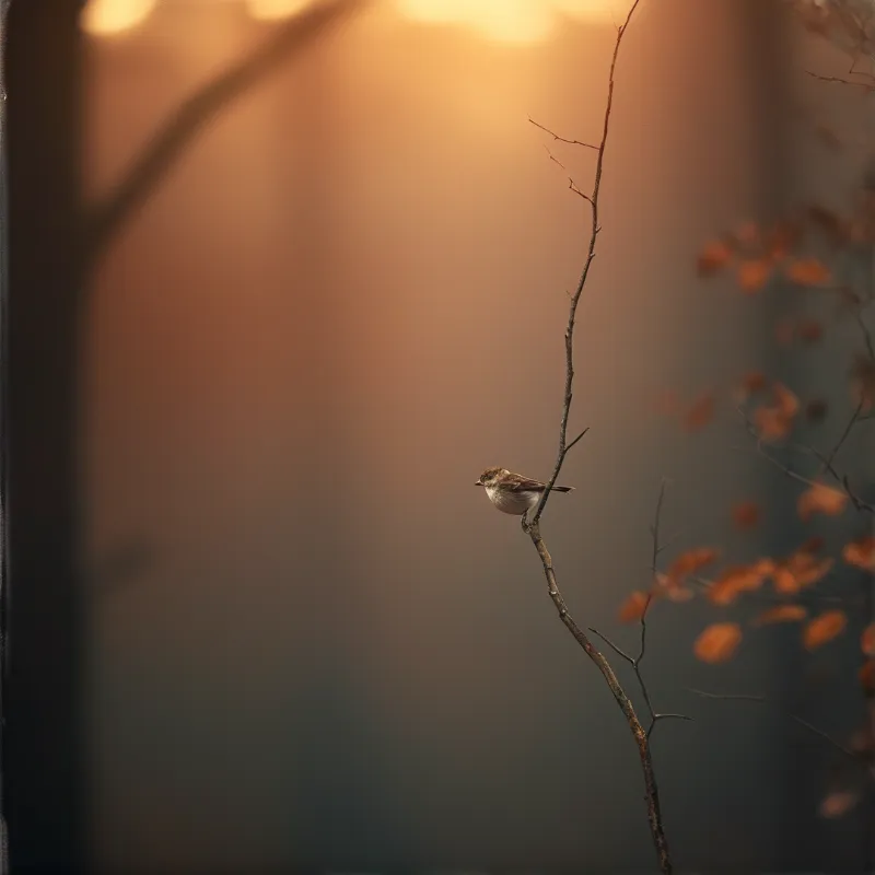 A small bird sits on a thin bare twig against a soft warm orange background with blurred autumn leaves in the foreground.