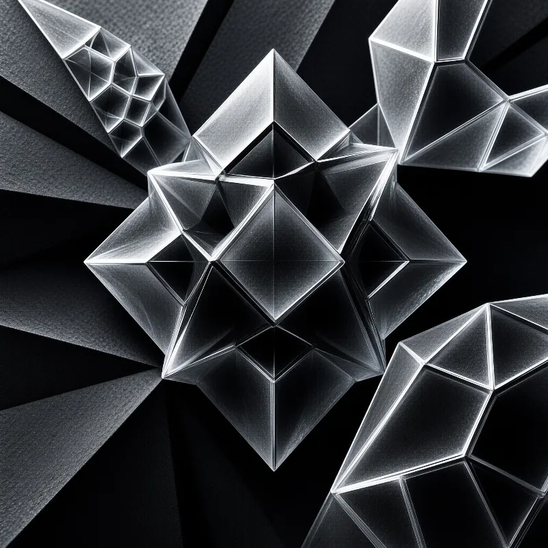 Transparent angular polyhedron crystal shapes sit against a dark radiating fan background, lit to highlight their sharp faceted edges