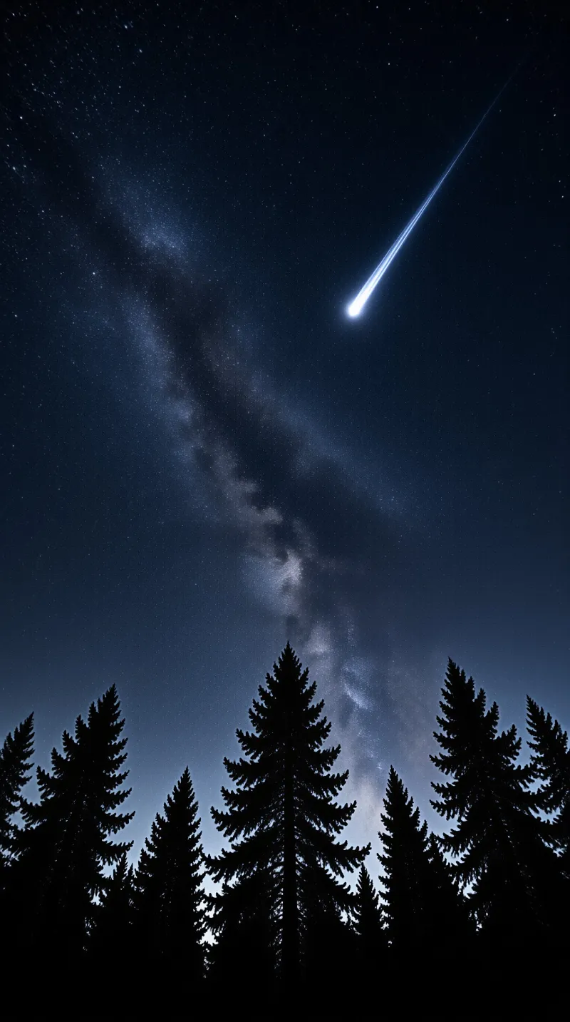 A bright meteor streaks across a starry blue sky filled with the Milky Way above dark tree silhouettes.