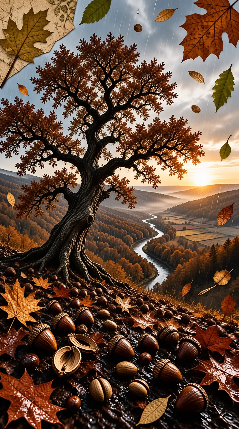 A sprawling oak spreads russet leaves above a winding river as acorns and fallen foliage carpet the hillside.