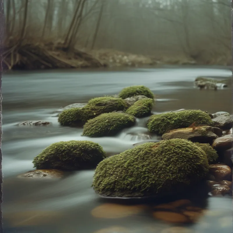 Smooth stones covered in vibrant green moss sit within a flowing stream surrounded by a hazy forest.