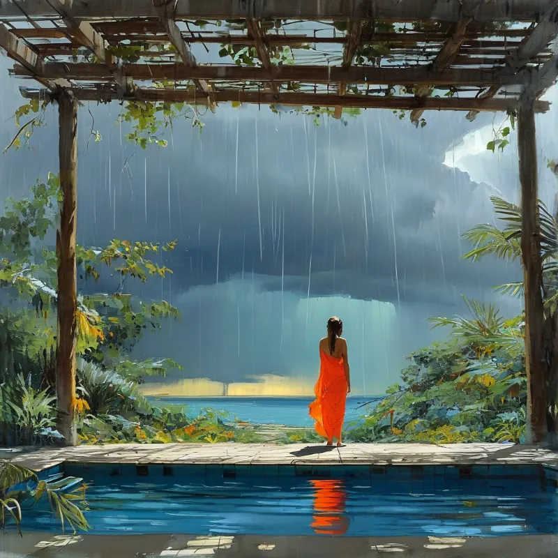 A woman in a bright orange dress stands under a wooden pergola looking towards a distant waterfall in heavy rain.