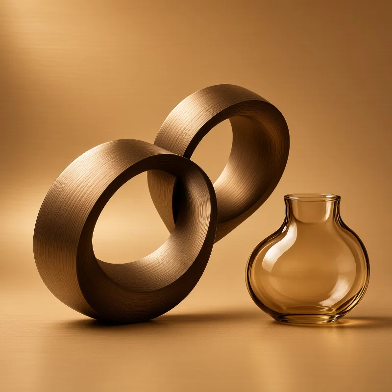 Two textured bronze interlocking rings sit beside a smooth amber glass vase against a soft warm tan studio backdrop.