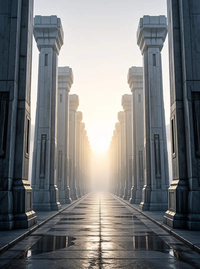 Tall grey stone columns line a wet walkway leading toward a bright sunlit horizon shrouded in mist.