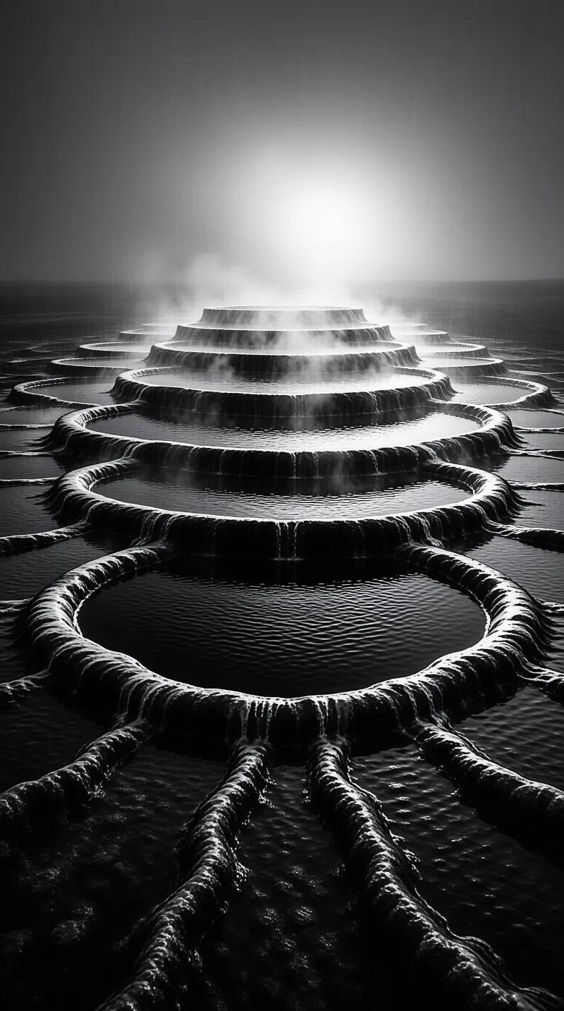 Concentric stone terraces filled with dark water descend toward a luminous sun on a misty horizon in black and white.