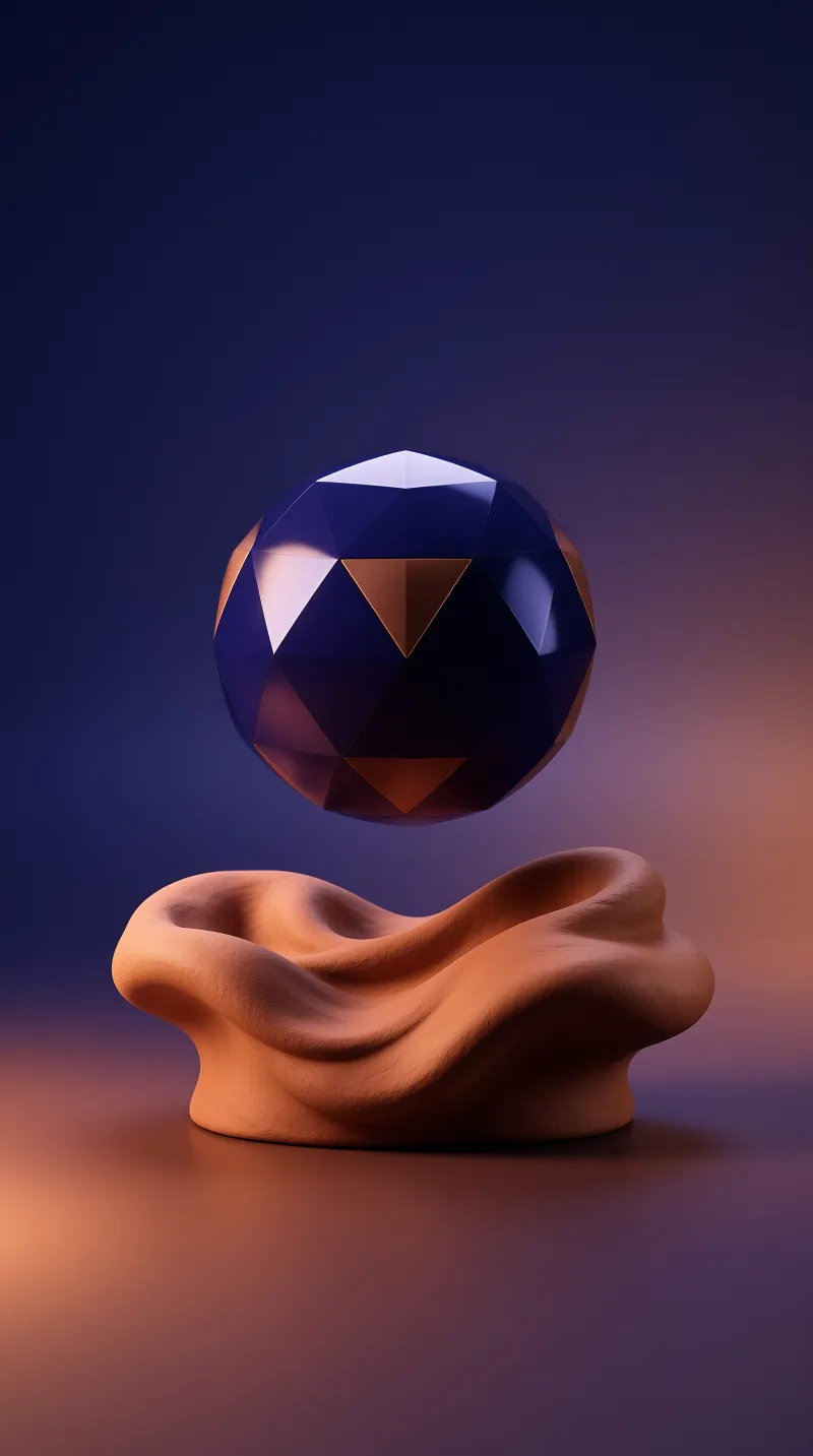 A low poly sphere in navy and copper hovers over a smooth terracotta shape under mixed warm and cool light.
