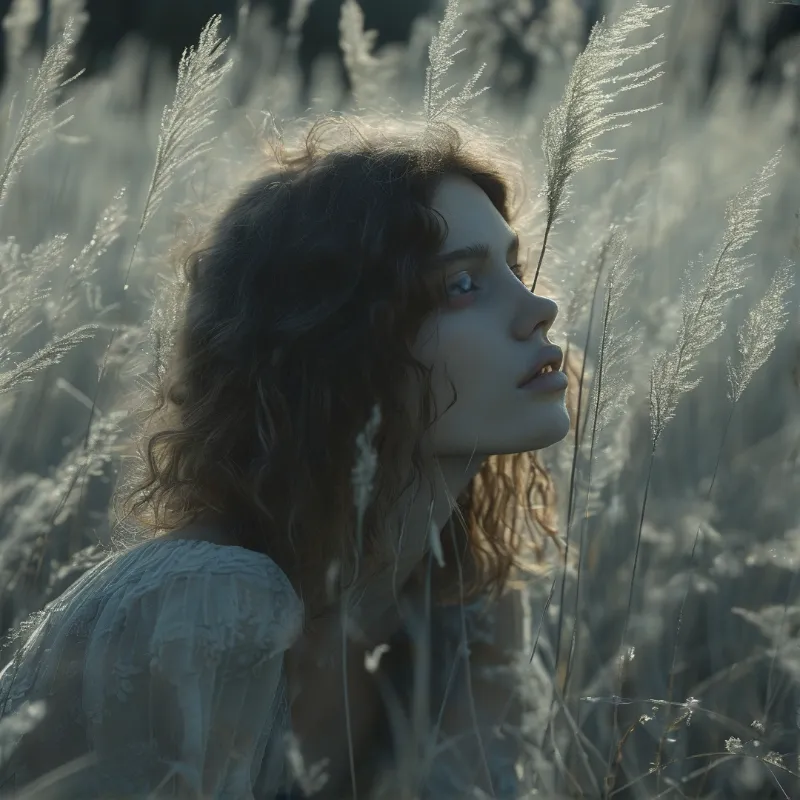 A young woman with curly hair stands amidst tall wildflowers looking off to the side in soft natural light.