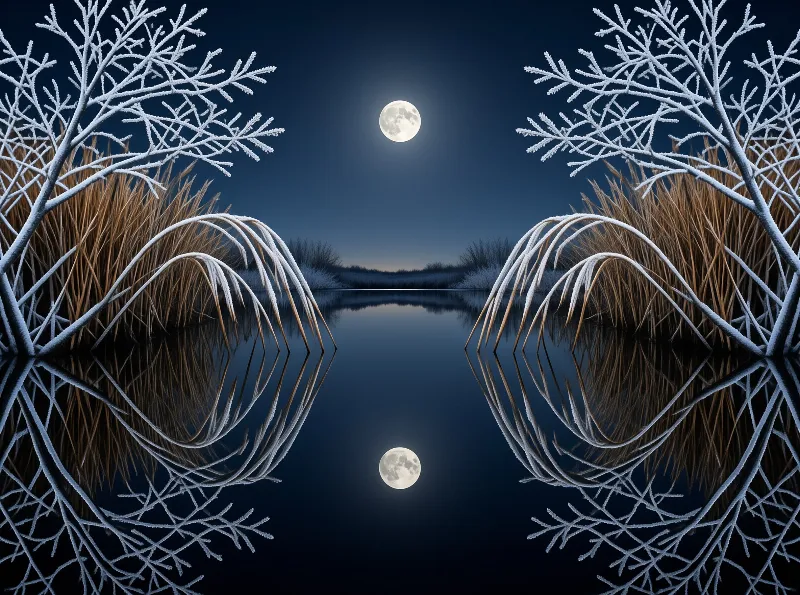 A perfectly symmetrical winter night scene shows frost covered reeds framing a calm dark lake reflecting a full moon.