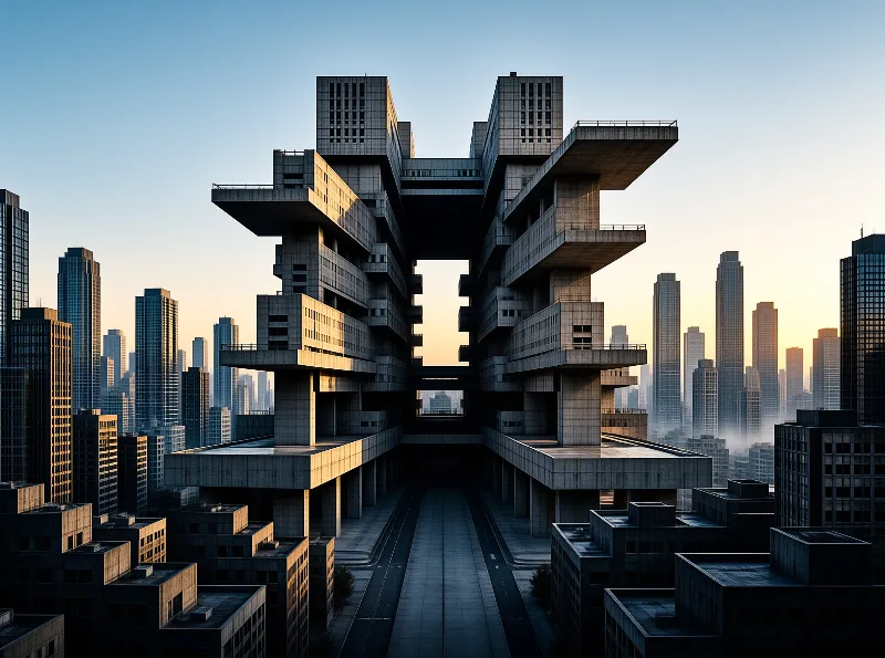 Monolithic brutalist structure frames a sprawling metropolis under warm evening light