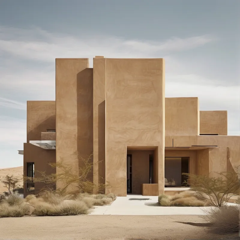 Minimalist structure in dry sandy environment with flat surfaces and rectangular protrusions mimicking earth tones under pale sky.