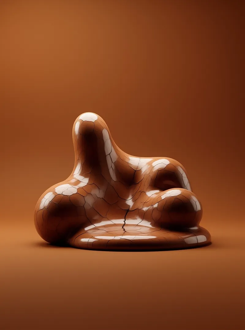A glossy brown organic shape with a cracked surface sits centered on a smooth matching brown background under soft lighting.