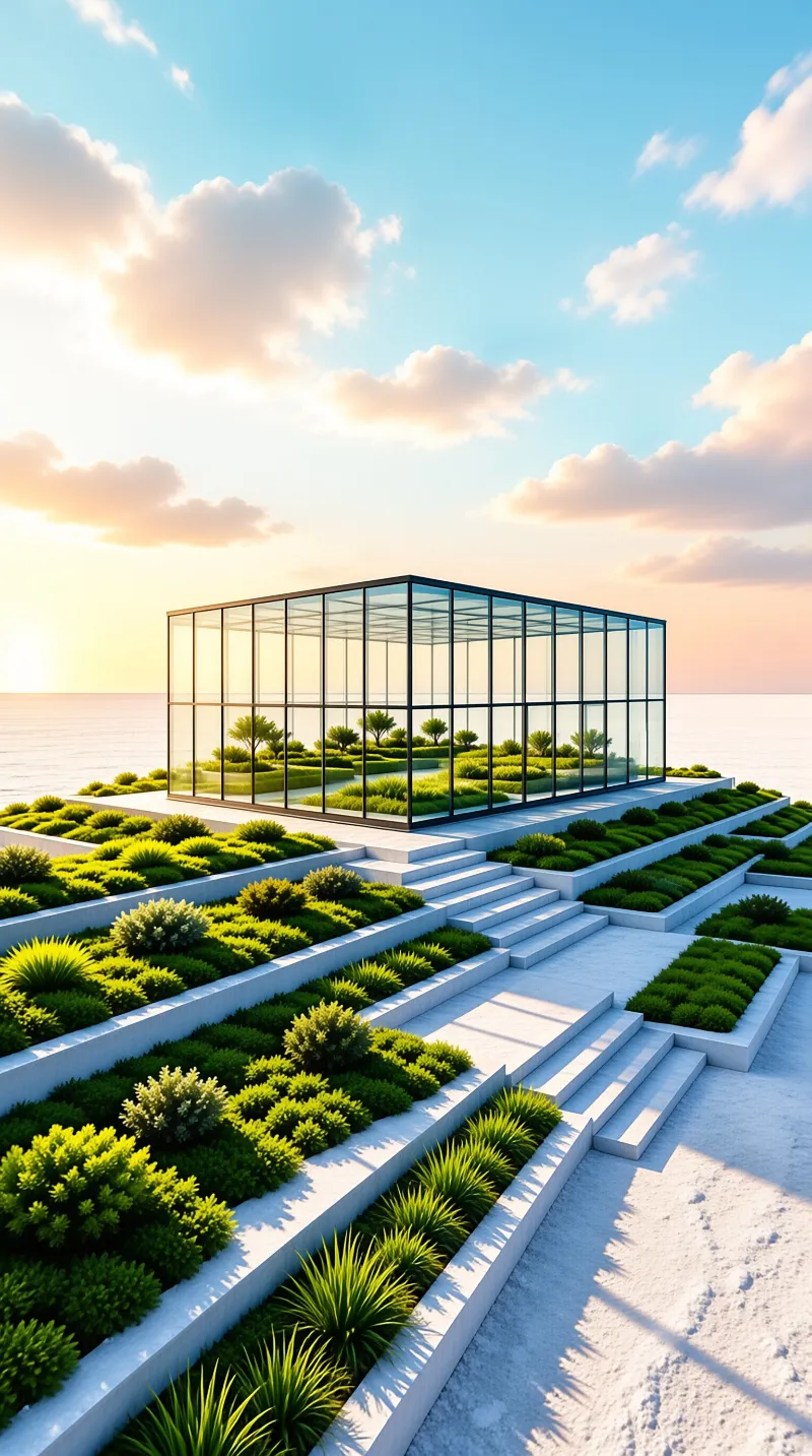 A glass pavilion sits on a white platform surrounded by tiered gardens near the ocean under a bright cloudy sky.