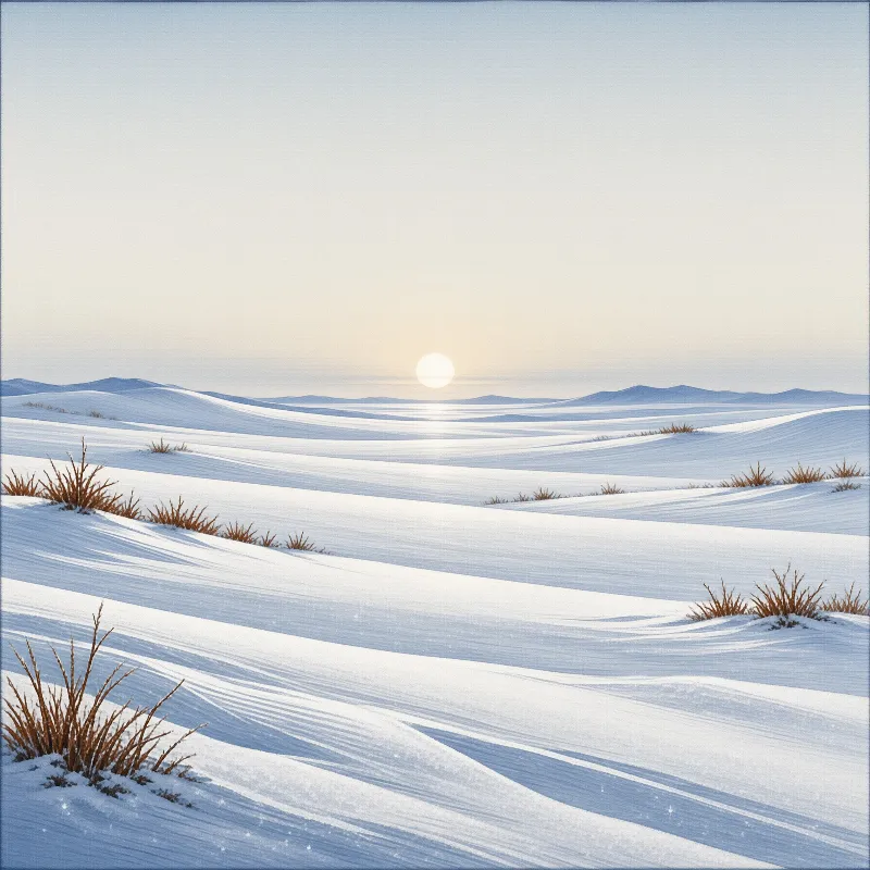 Soft golden dawn light illuminates wind sculpted snow covered hills dotted with dry brown grasses against distant low mountains.