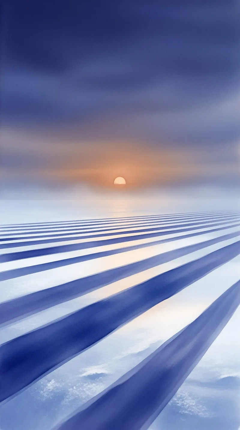 Parallel furrows of frozen sea stretch to the horizon, their blue shadows converging beneath a dim sun in low cloud.