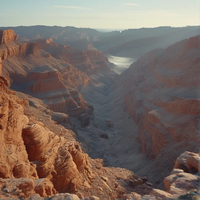 Rugged red sandstone cliffs line a deep gorge fading into misty distance under soft diffused light.