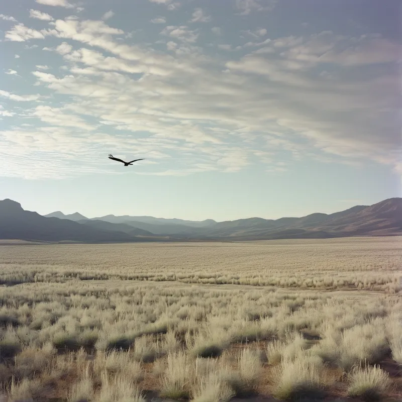 A dark bird flies across a blue sky dotted with clouds above a wide expanse of dry grass and distant mountains.