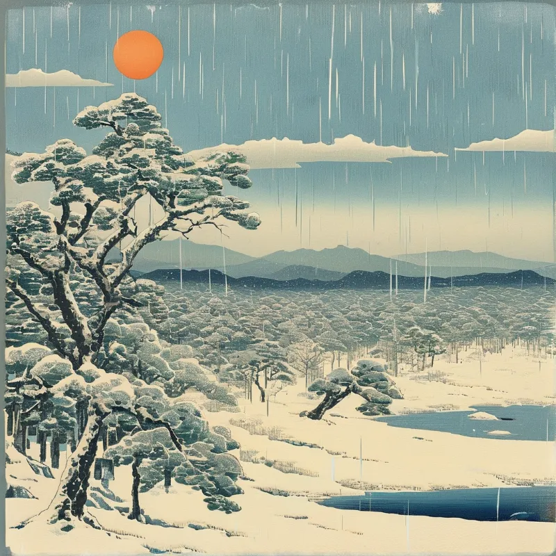 A snow laden pine tree stands left in a winter landscape while thick white streaks fall against a pale sky and orange sun.