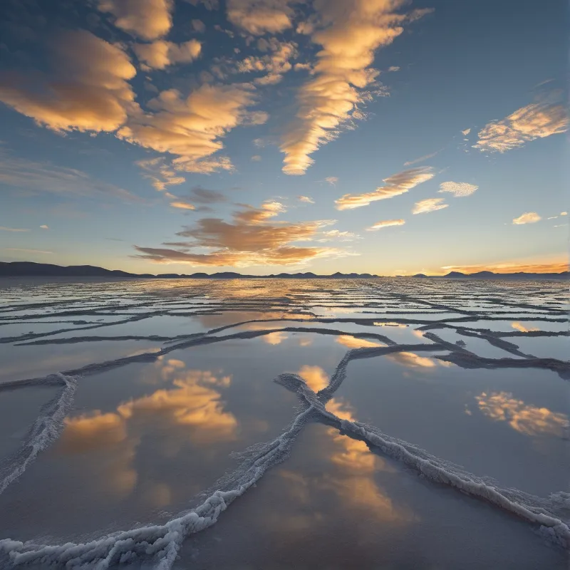 Shallow water pools across a salt plain mirror the warm orange clouds of a fading sunset horizon.