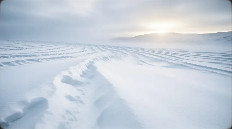 A vast expanse of white snow features a single path of footprints curving toward a distant hill under soft morning light.