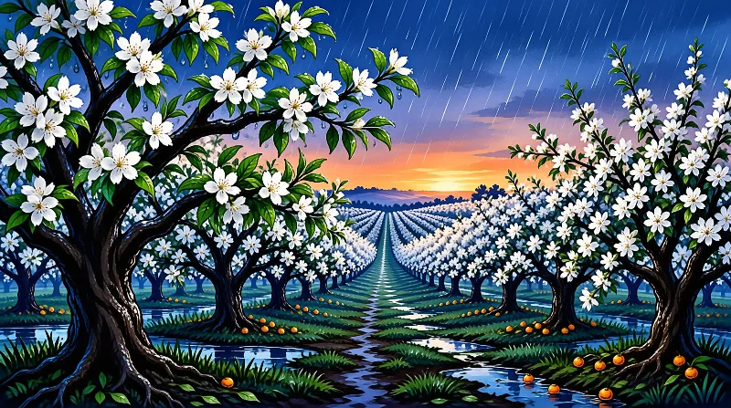 A blooming orchard with white flowers along a wet path under rain, with a bright orange sunset behind rows of trees.