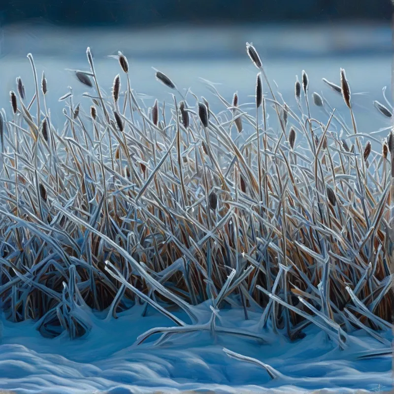 Slender frosted reeds with dark seed heads lean over still blue water beneath a soft gradient sky in winter