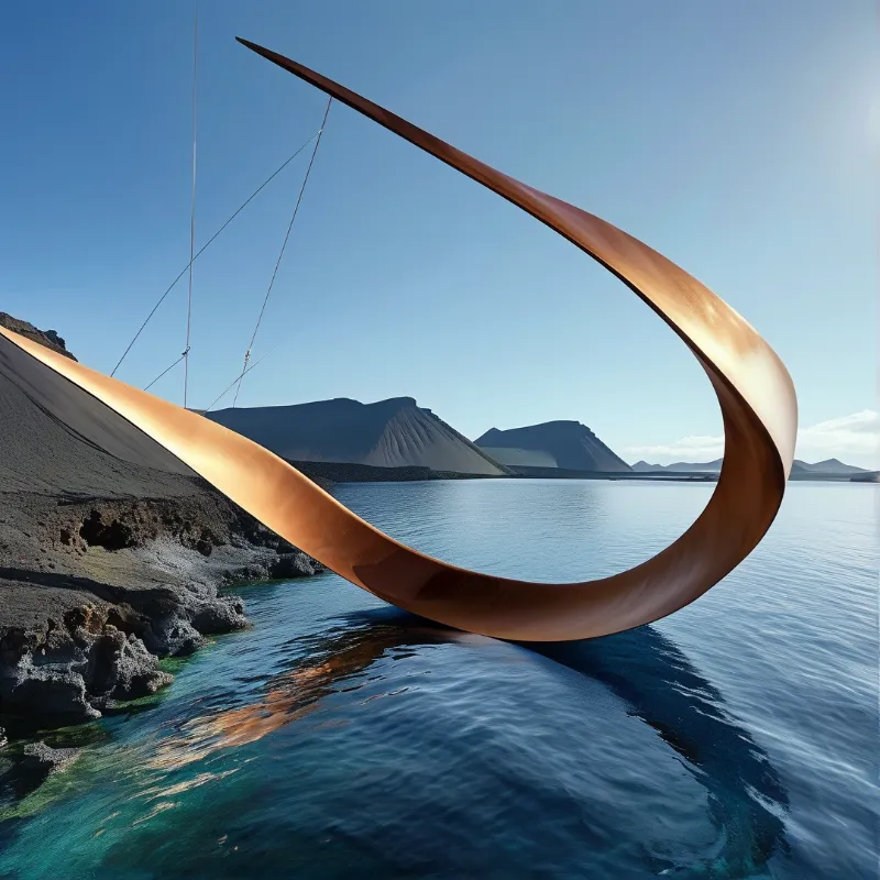 A large copper sculpture curves above the calm blue sea near a dark rocky shoreline under a clear sky.
