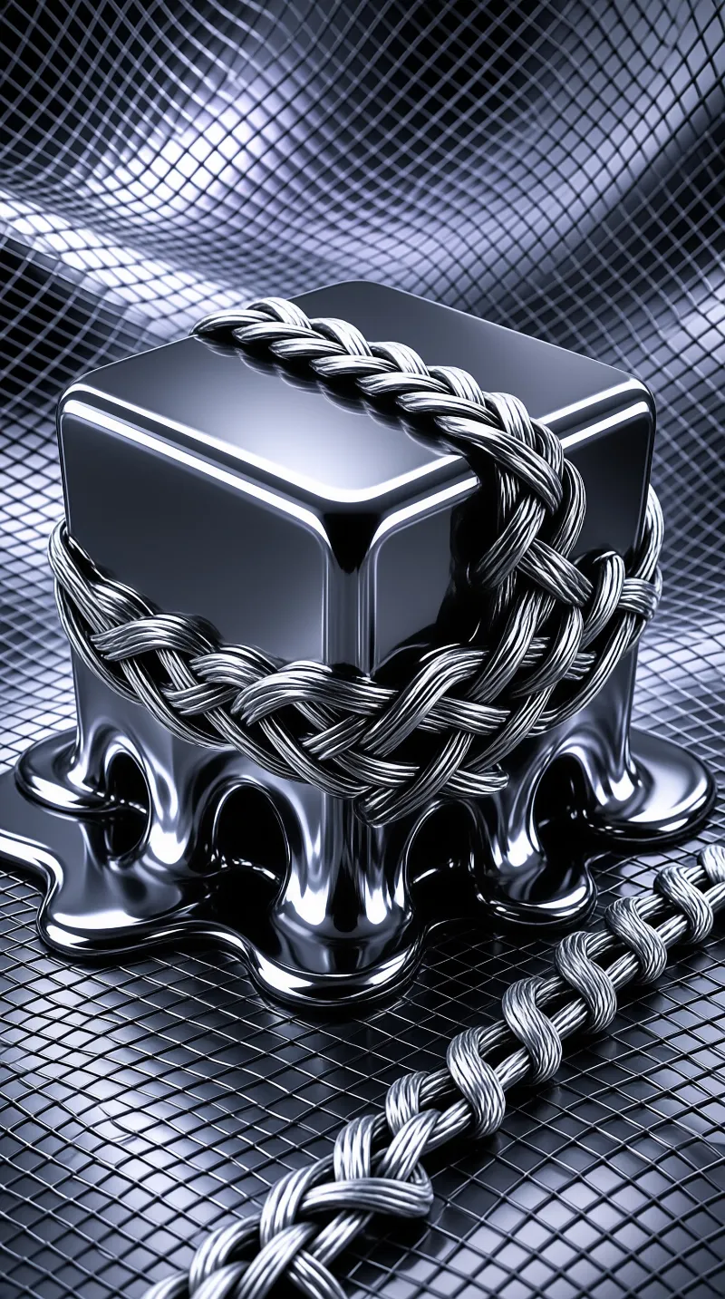 A reflective black cube liquefies at the base while bound by a braided silver chain on a grid.