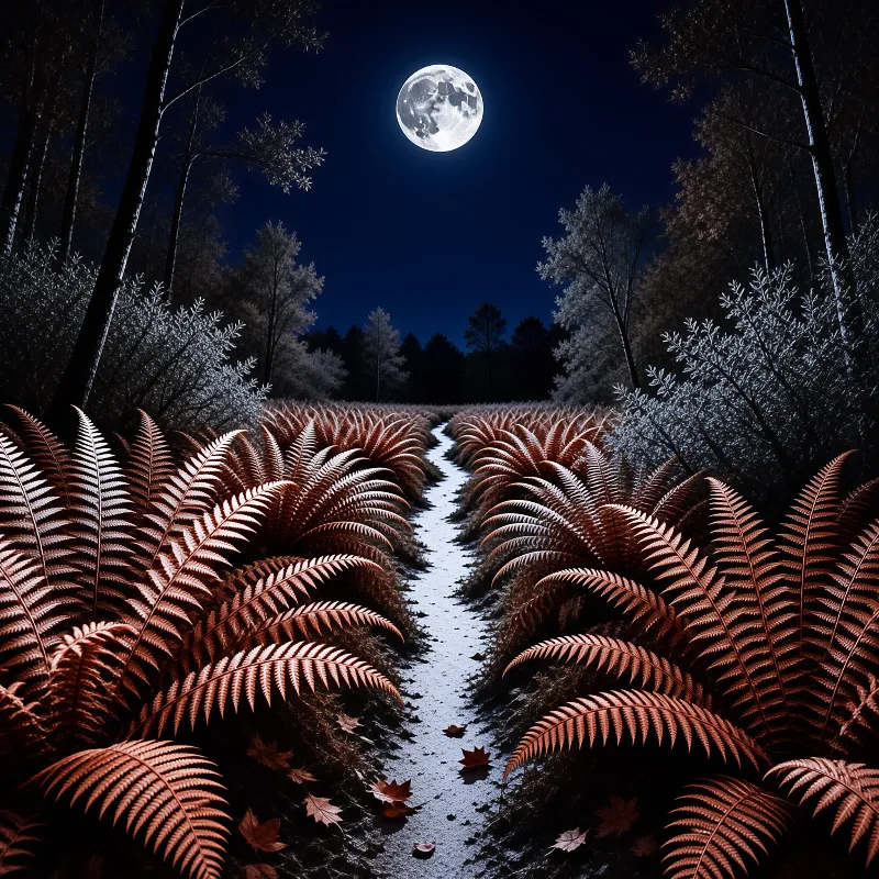 A dirt road winds through tall brown ferns in a dark forest illuminated by a bright full moon overhead.