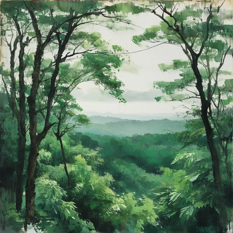 A painting shows tall dark trees framing a dense green forest with misty hills in the background under a pale sky.