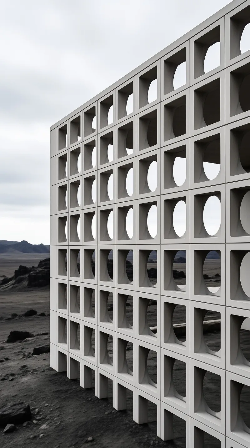 A massive white grid of concrete blocks with circular cutouts stands in a barren rocky landscape under an overcast sky.