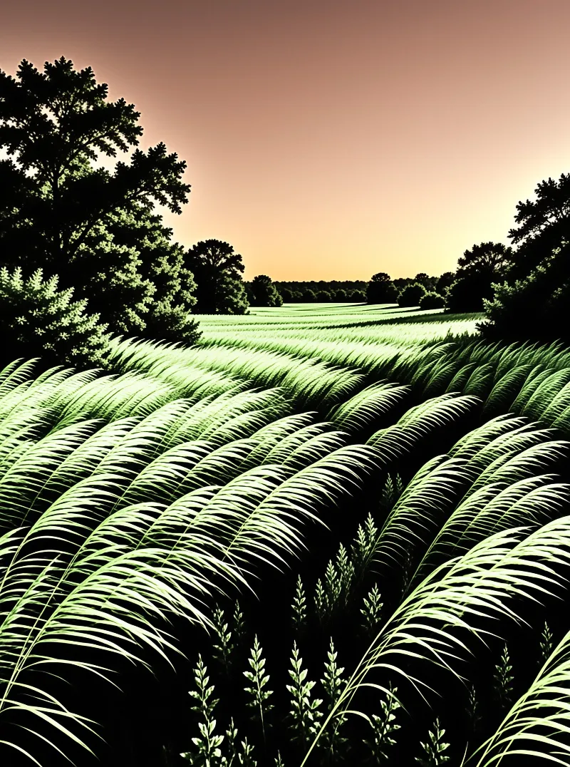 Tall grass with pale arching blades catches backlight against dark tree silhouettes under a brown to yellow sky.