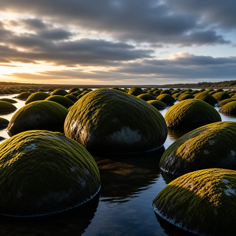 Dozens of round stones draped in vivid green moss sit half submerged in still water at golden sunset