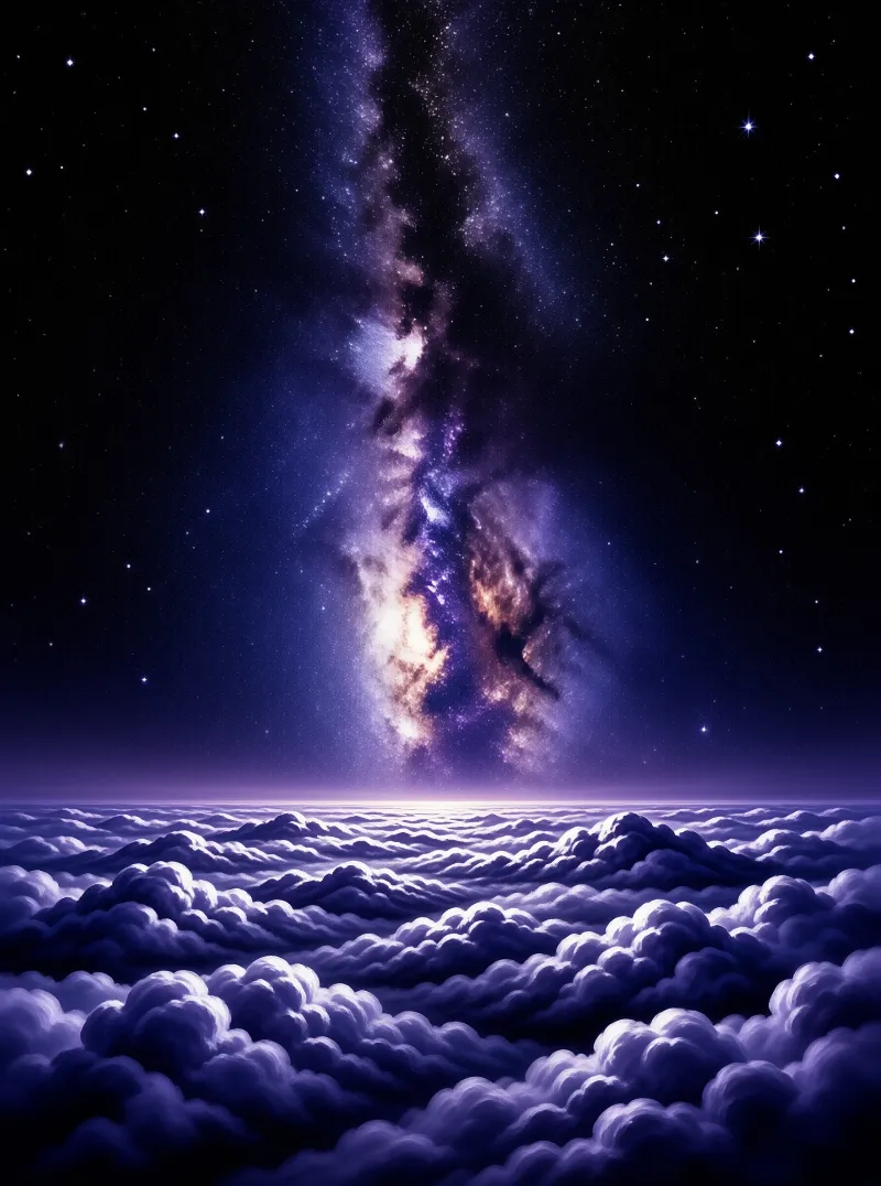 A thick sea of purple clouds lies beneath a towering vertical band of the Milky Way galaxy in a starry night sky.