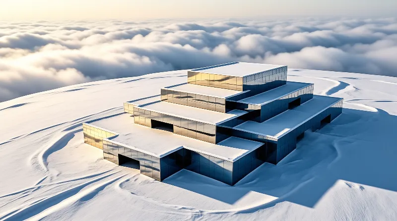 A tiered modern glass building sits on snow covered terrain above a thick cloud layer lit by soft early morning golden light.