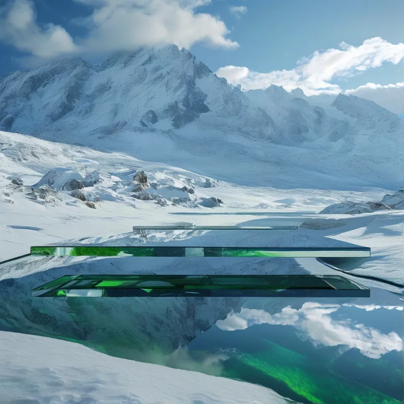 A low glass building with glowing green interiors sits on a frozen lake beneath snowy mountains and a partly cloudy sky.