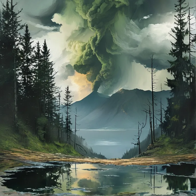 A massive green plume rises from a distant mountain peak while coniferous trees frame a calm lake reflecting the dramatic sky.