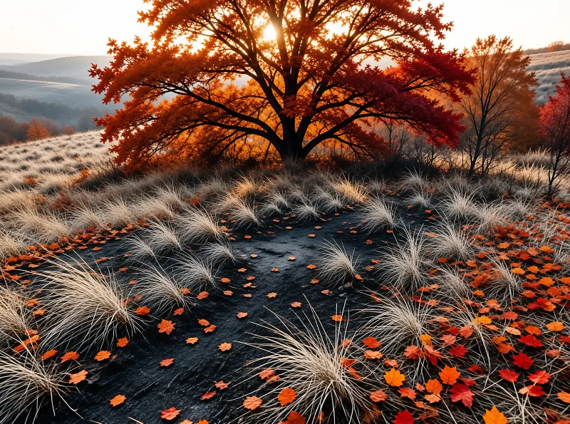 A tree with orange foliage stands on grassy slope while sunlight filters through branches onto dark path covered in leaves.