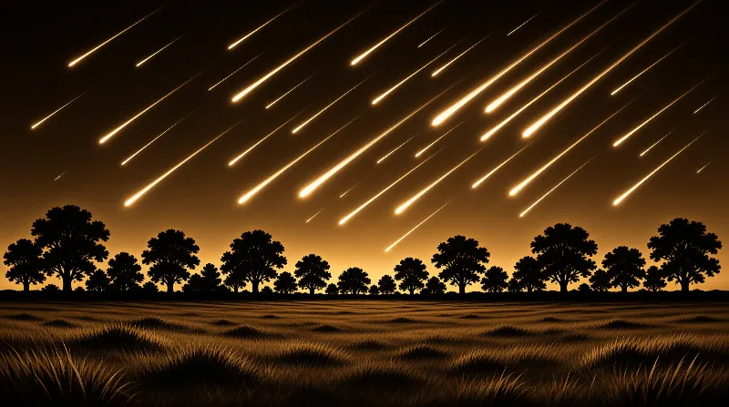 Parallel light trails cross a dark sky above silhouetted trees and grassy plains rendered in warm amber tones.