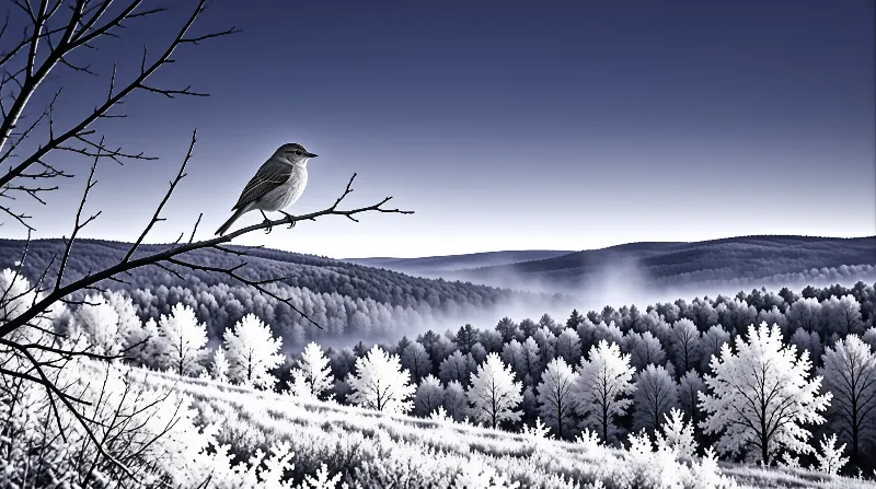 Small bird perched on a bare branch overlooking snow covered trees and misty hills under a gradient blue sky.