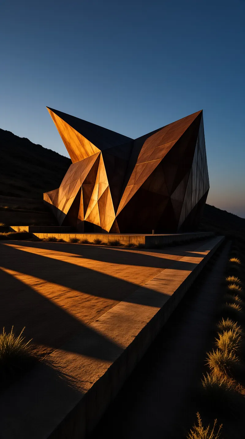 Sharp angular architecture glows under golden light while long shadows stretch across the paved ground near the hills.