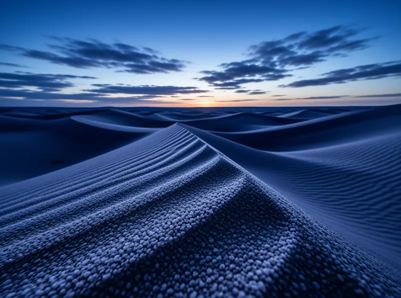 Rippled blue sand dunes curve across a desert landscape under a twilight sky showing faint orange light on the horizon.