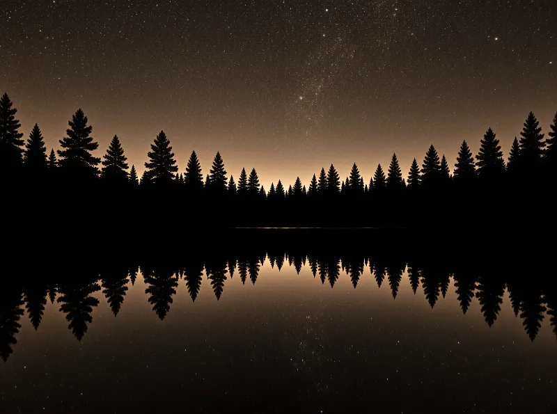 Silhouetted evergreen trees line a calm shore beneath a starry sky with a warm horizon glow reflected in the water.