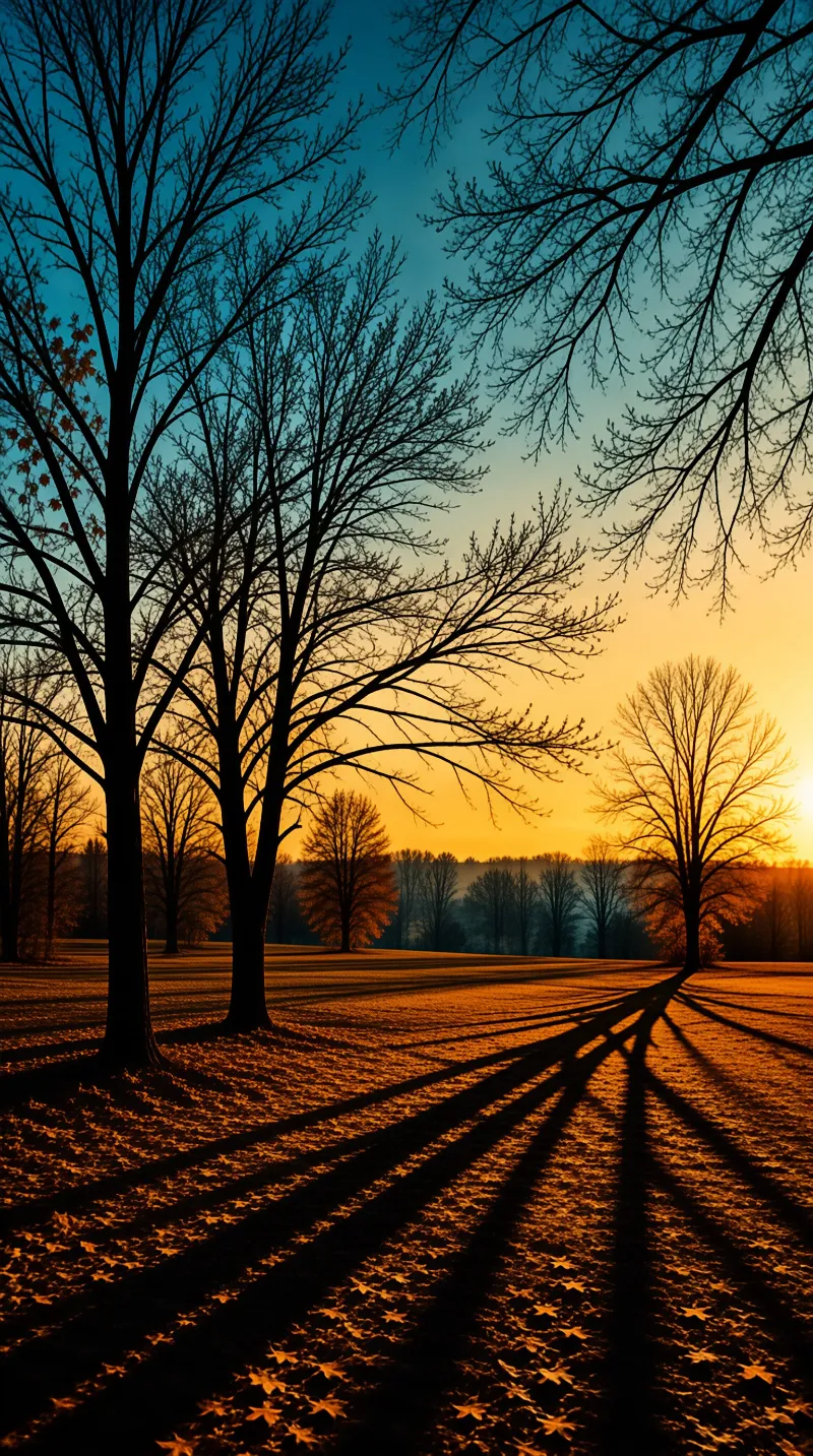 Silhouetted trees stand in a grassy field casting long shadows as the sun sets behind a horizon line under a gradient sky.