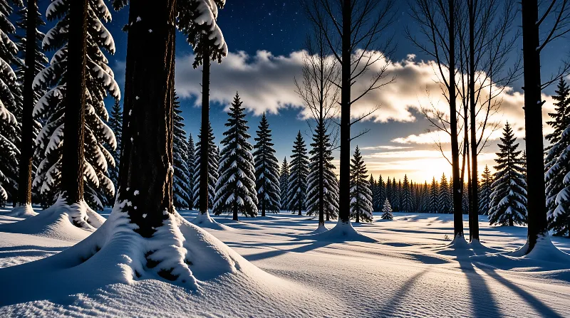 Evergreen trees laden with snow stand in a winter forest as warm sunlight casts long shadows across the white ground.